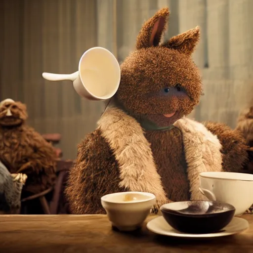 Image similar to a fluffy brown rabbit muppet wearing monk garb and holding a wolf skull mask and sat beside a cup of tea, photorealistic, nature, photography, national geographic, sesame street