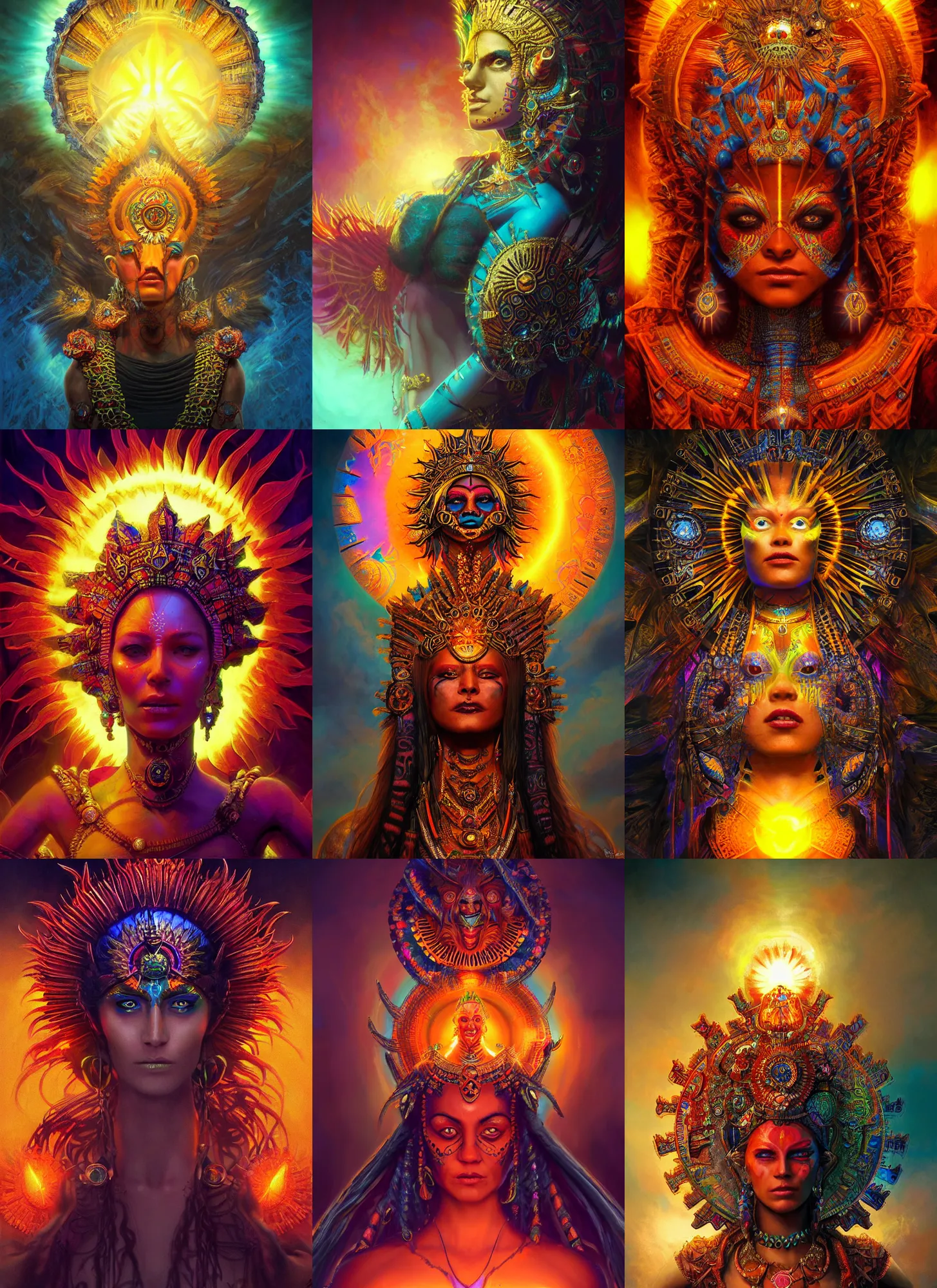 Prompt: fractal aztec sun goddess , vivid colors, dark shadows, contrast, concept art, sharp focus, digital art, Hyper-realistic, 4K, Unreal Engine, Highly Detailed, Dramatic Lighting, Beautiful, by Brom, bastien lecouffe-deharme