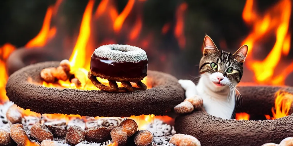 Image similar to a cat cooking a donut in a fire pit in the style of salvador dali