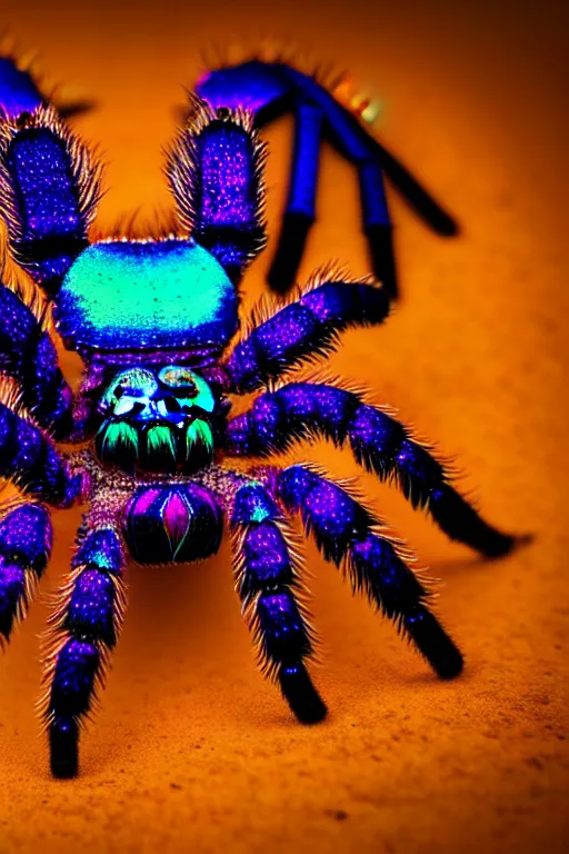 Image similar to high quality macro photo rococo iridescent tarantula! jewelled gorgeous! highly detailed david ligare elson peter cinematic blue neon lighting high quality low angle hd 8k sharp shallow depth of field