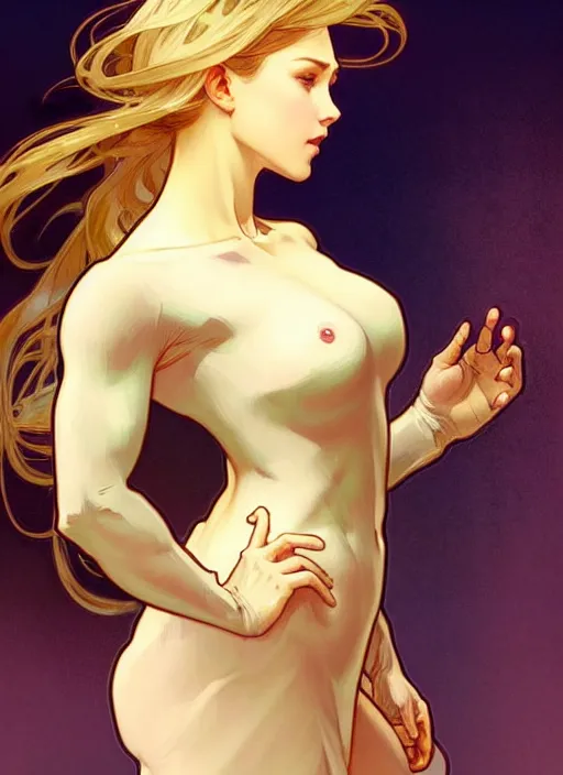 Image similar to digital character concept art by artgerm and greg rutkowski and alphonse mucha. clear portrait of a modern young wife blessed by god to uncontrollably become overwhelmingly perfect!! blonde, full - figured in clothes, obviously feminine holy body!! light effect. hyper detailed, glowing lights!! intricate, elegant, digital painting, artstation, smooth, sharp focus