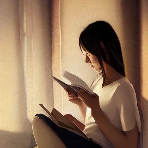 Prompt: a girl reading an e-book, night, portrait, by wlop