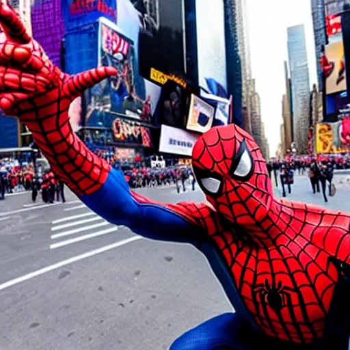 Prompt: a selfie spider - man took with donald trump at time square i'm nyc.