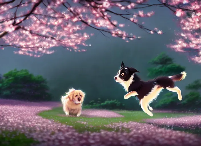 Image similar to animation key shot, black tibetan spaniel, jumping, cherry blossoms in background, studio ghibli, pixar, disney animation, sharp, by greg rutkowski, bloom, dramatic lighting