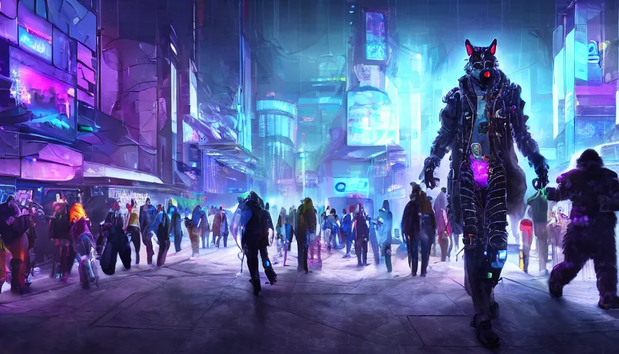 Image similar to high - resolution photograph from a cyberpunk era furry fandom convention ( midwest furfest 2 0 4 7 ), taking place after the genetic revolution and quantum singularity. photorealistic.