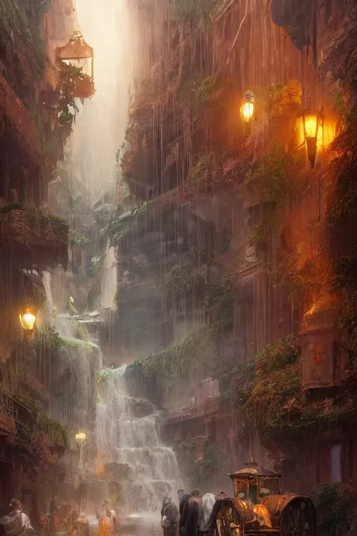 Image similar to inside the antique street of atlantis the city of water, waterfall, intricate, elegant, volumetric lighting, digital painting, highly detailed, artstation, sharp focus, illustration, concept art, ruan jia, steve mccurry