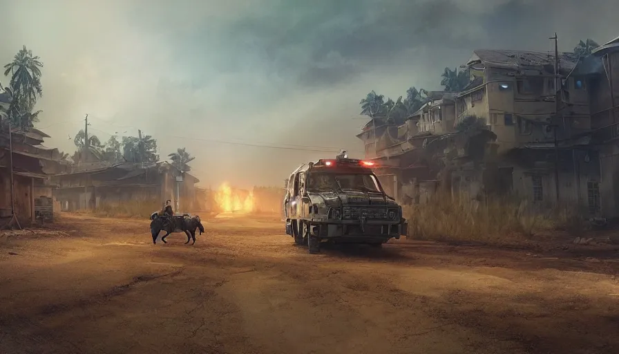 Image similar to a militarized police vehicle riding through a kerala village, furious action scene, an epic fantasy, dramatic lighting, cinematic, establishing shot, extremely high detail, photorealistic, cinematic lighting, artstation, matte painting, octane render, hdr, by simon stalenhag, horizon forbidden west