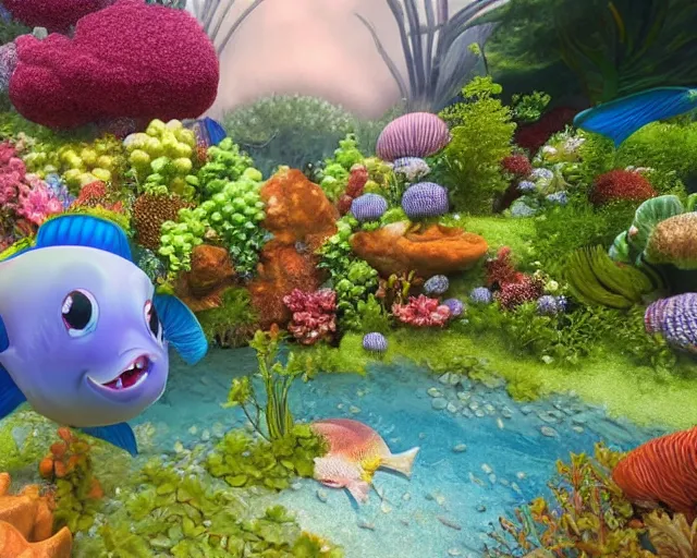 Image similar to of a very beautiful scene. ambient occlusion render. a sweet fat little girl is in love with a huge, colorful and beautiful fish. hyper realistic. 4 k. wide angle. in the baroque style. wild. symmetrical face, red mouth, blue eyes. deep focus, lovely scene. ambient occlusion render. garden. unreal engine.