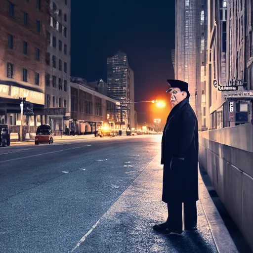 Image similar to an brown haired man with a squarish chin wearing a 1 9 4 0's noire detective outfit, standing in the streets of chicago at night, photography 4 k, octane render, highly realistic photograph