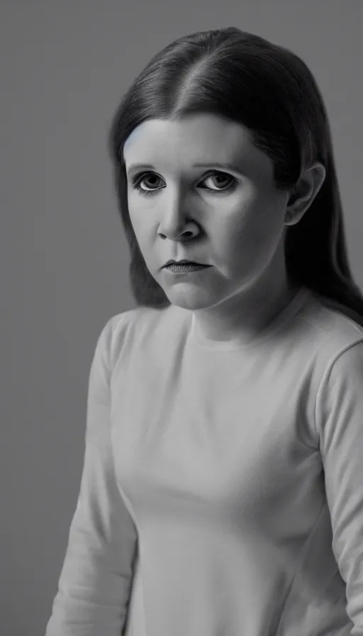 Image similar to a portrait of young carrie fisher, in the style of gottfried helnwein, dirk dzimirsky, gustave courbet, dramatic studio lighting, 3 5 mm f 1. 4 lens depth of field, octane render 8 k