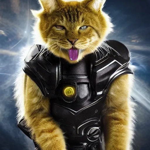Prompt: humanoid with large cat-like features in futuristic space armor with force fields, yellow eyes, teeth that protrude past the lower lip and fine grayish fur on their faces and backs of their hands and carrying weapons, octane,