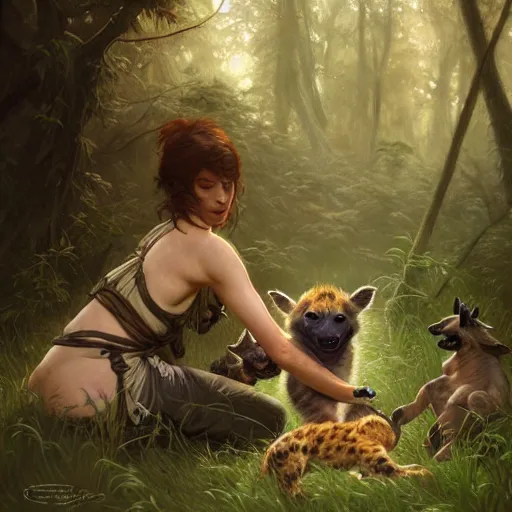 Prompt: photo of a hyenagirl feeds puppies in the forest, highly detailed, digital painting, artstation, smooth, sharp focus, illustration, art by artgerm and greg rutkowski and alphonse mucha