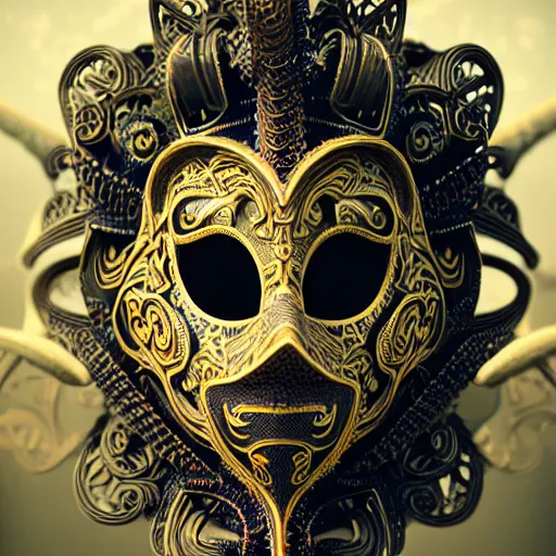 Image similar to an elaborate intricate mask in swirling wind, rendered in octane, behance hd, bokeh backdrop