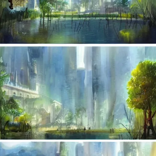 Image similar to Beautiful happy picturesque charming sci-fi town in harmony with nature. Beautiful light. Water and plants. Nice colour scheme, soft warm colour. Beautiful detailed watercolor by Lurid. (2022)