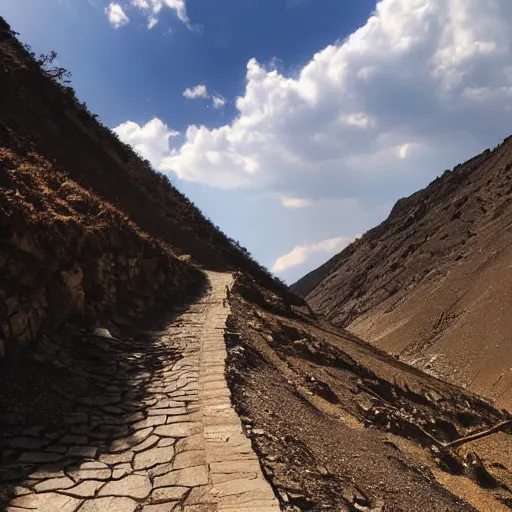 Prompt: POV: walking a dirt path in the tibetan mountains, bordering a cliff, manga art