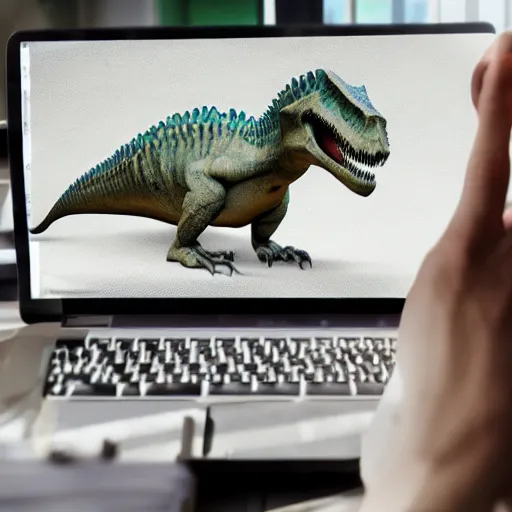 Prompt: human sitting in front of computer, but human is dinosaur, photorealistic, 5 5 mm