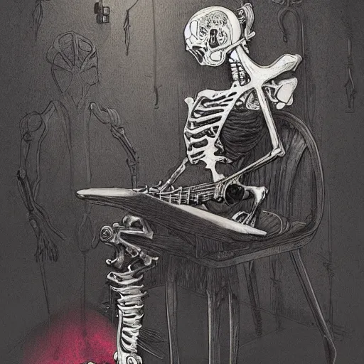 Image similar to skeleton wearing headphones, watching girl playing guitar while her black cat standing next to her, detailed intricate ink illustration, dark atmosphere, detailed illustration, hd, 4k, digital art, overdetailed art, by greg rutkowski, by loish, complementing colors, Trending on artstation