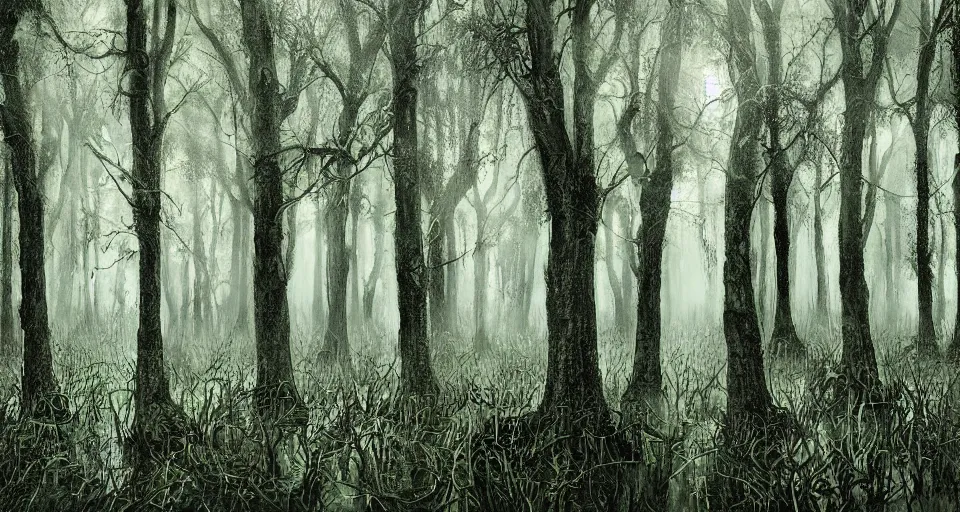 Image similar to A dense and dark enchanted forest with a swamp, by Jason De Graaf