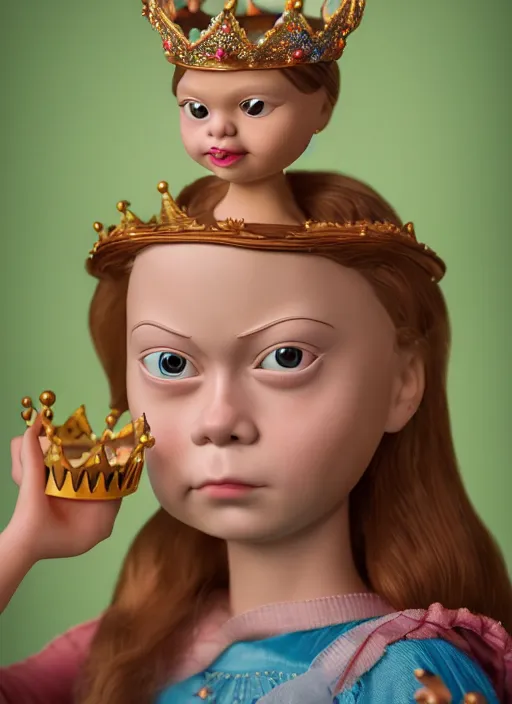 Image similar to closeup face profile portrait of greta thunberg as a tin toy fairytale princess wearing a crown eating cakes, bikini, depth of field, zeiss lens, fashion photoshoot, by nicoletta ceccoli, mark ryden, lostfish, dan decarlo, bob clampett, max fleischer, breathtaking, detailed, hyperrealistic, octane render