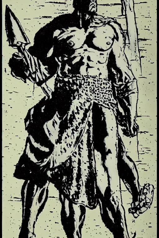 Image similar to ancient historically accurate depiction of the Bible Character Goliath of Gath, the Philistine warrior giant by frank miller