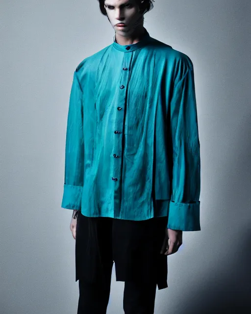 Image similar to an award - winning photo of a male model wearing a baggy teal distressed medieval leather menswear camp collar shirt by issey miyake, 4 k, studio lighting, wide angle lens