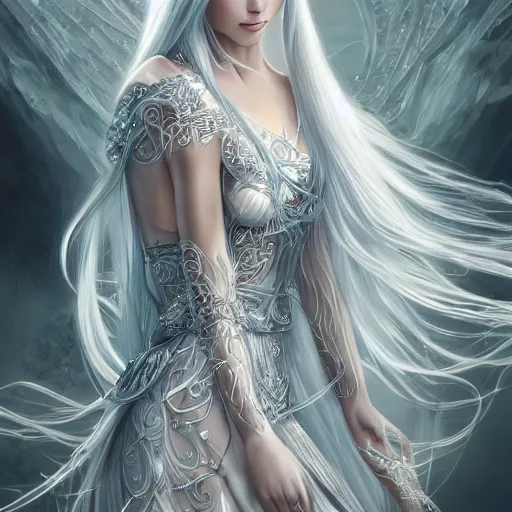 Image similar to an elven woman with long, silver hair cascading down her back. she has delicate, angular features and piercing blue eyes. she's clad in a flowing white dress with intricate silver embroidery, dynamic lighting, photorealistic fantasy concept art, trending on art station, stunning visuals, creative cinematic, ultra detailed