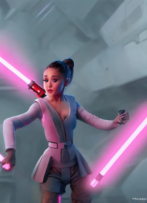 Image similar to An extremely detailed photo of Ariana Grande in the Star Wars universe with two pink lightsabers held in each hand. Maximum detail on artstation, photo realism, vivd details, vivd colour, volumetric lighting. anime art style