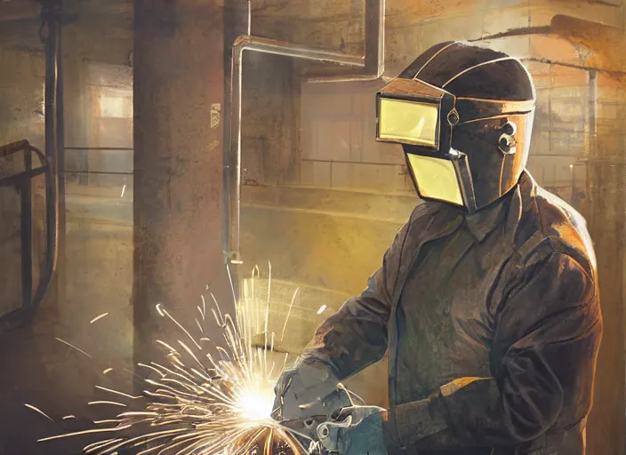 Image similar to welder with welding masks in subway, leaning forward, in the style of craig mullins