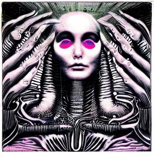 Image similar to post - punk new age album cover, magic, apocalypse, psychedelic, black white pink, magic, giger h. r.