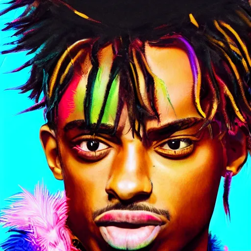 Image similar to playboi carti, photorealistic, hyper realistic, very detailed, detailed face, full body shot, 8 k, hd, neon colors, over saturated colors, wok, cluttered background with hype things, rainbows,