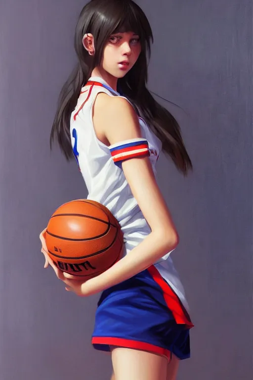 Image similar to A ultradetailed beautiful panting of a stylish girl wearing a basketball jersey, she is holding a basketball, Oil painting, by Ilya Kuvshinov, Greg Rutkowski and Makoto Shinkai