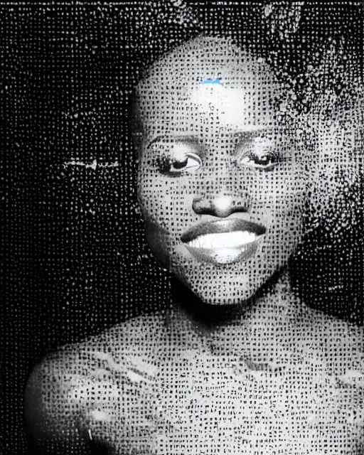 Prompt: oversaturated, burned, light leak, expired film, photo of lupita nyong'o's serene face submerged in a flowery milkbath, rippling liquid, vintage glow, sun rays, black and white, glitched pattern