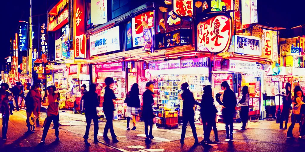 Prompt: street scene outside a japanese fireworks shop with people drinking and being happy, artistic shot, dynamic lighting, night time, neon lights