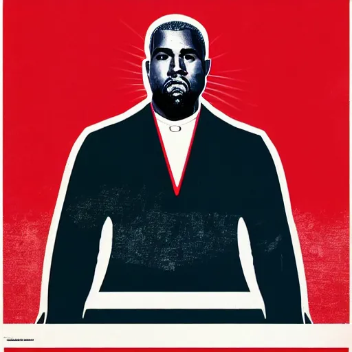 Image similar to Russian Propaganda Soviet illustrated poster of Kanye West as President standing in front of a USA America flag