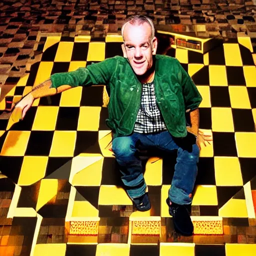 Image similar to fatboy slim, on a checkered floor