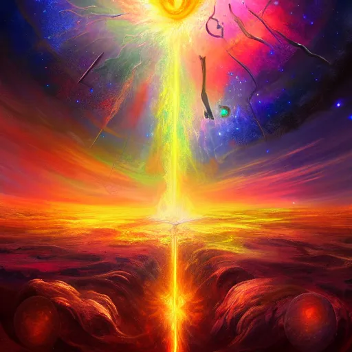 Image similar to concept art for the entire universe uniting again into the holy fire of perfect love, reversing the big bang!! final victory of order over disorder!! final defeat of entropy! end of time, galactic scale!! digital painting, artstation, smooth, sharp focus