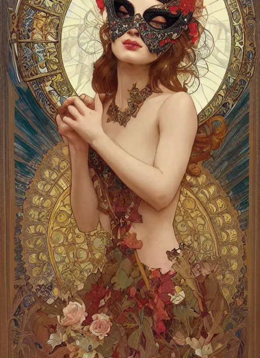 Image similar to a beautiful woman wearing an elaborate masquerade mask, looking at the viewer with an alluring expression. painting by artgerm and greg rutkowski and alphonse mucha