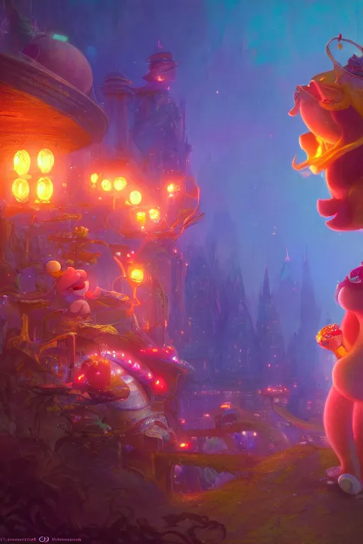 Prompt: Princess Peach & Toad, illustrated by Greg Rutkowski and Gaston Bussiere, 35mm lens, beautiful macro close-up imagery, vibrantly lush neon lighting, beautiful volumetric-lighting-style atmosphere, a futuristic atmosphere, intricate, detailed, photorealistic imagery, trending on artstation, 4k, 8k