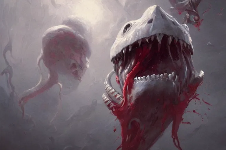 Prompt: painting by greg rutkowski of a flying human head and face that is chalk white in color, with white tentacles coming of the neck, red eyes, flying in a terrying hell like cavernous place