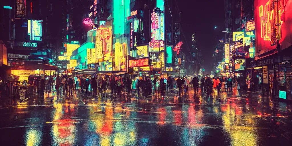 Prompt: A rainy cyberpunk city, neon lights, busy crowds