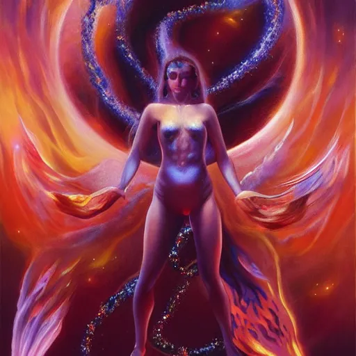 Image similar to A beautiful painting of a female cosmic being with flames as her body by Jim Burns, 8K, ultra-detailed , Trending on artstation.