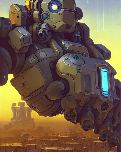 Image similar to bastion the friendly robot from overwatch, character portrait, portrait, close up, concept art, intricate details, highly detailed, vintage sci - fi poster, retro future, in the style of chris foss, rodger dean, moebius, michael whelan, and gustave dore