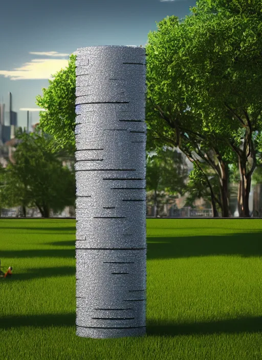 Image similar to highly detailed realistic architecture 3 d render of a futurisctic metallic stele made from balls standing in a city park, archdaily, made in unreal engine 4 octane render