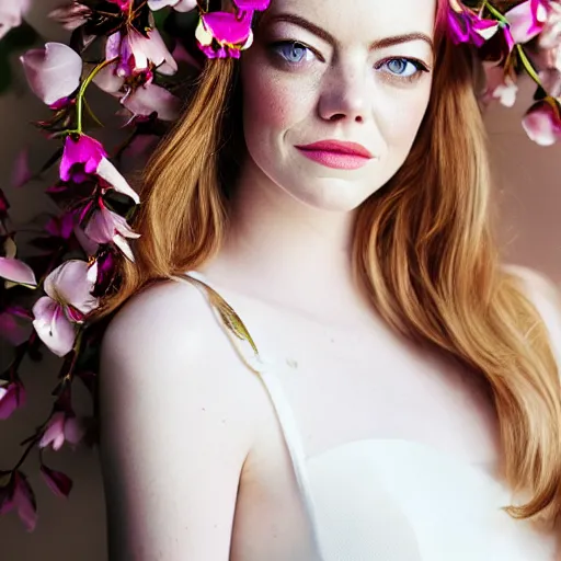 Prompt: emma stone with jewellary and flower crown, sensual, beautiful soft light failling on her face, studio photography, nikon 3 5 mm portrait photography, ultra realistic