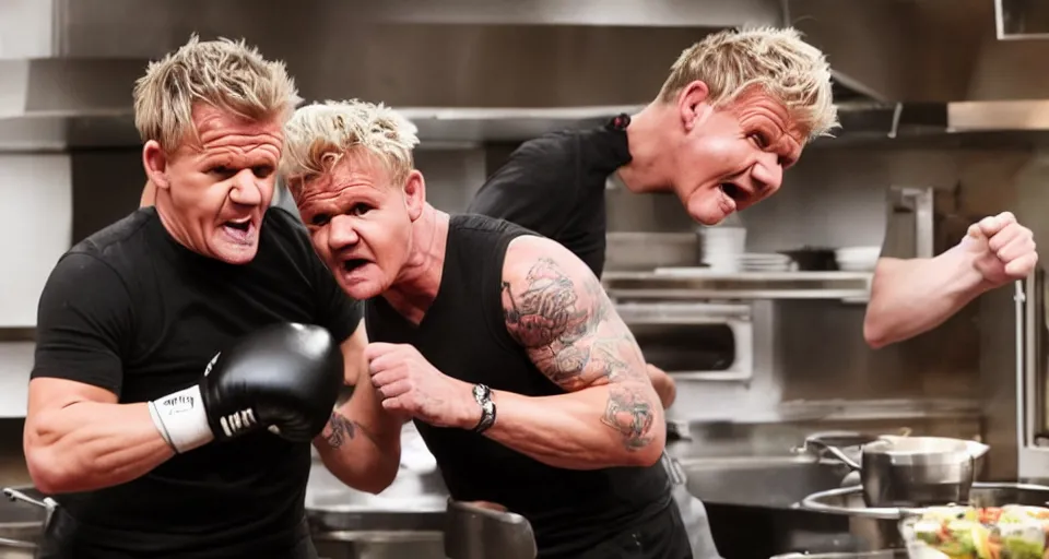 Image similar to photo of angry furious Gordon Ramsay punching Gordon Ramsay at the kitchen