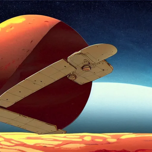 Image similar to a colony on mars by Hayao Miyazaki. a flying vehicle hovering over bright red mars surface