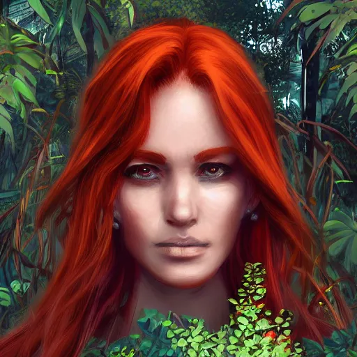 Image similar to a portrait of a redhead woman and ancient ruins with plants,digital art,retrowave art,trending on art station