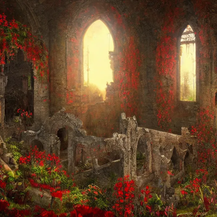 Image similar to a interior photo of a ruined church with a lot of red flowers growing inside at sunset, godrays, complementary colors, concept art, DeviantArt, Ferdinand Knab, beautiful, 8K,highly detailed, high quality