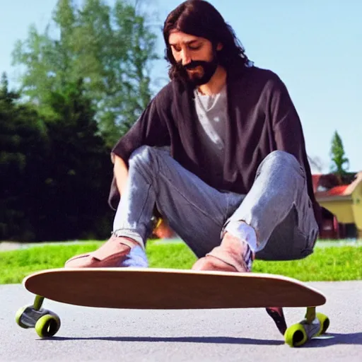 Image similar to Jesus crouching down on a skateboard, riding very fast down a hill