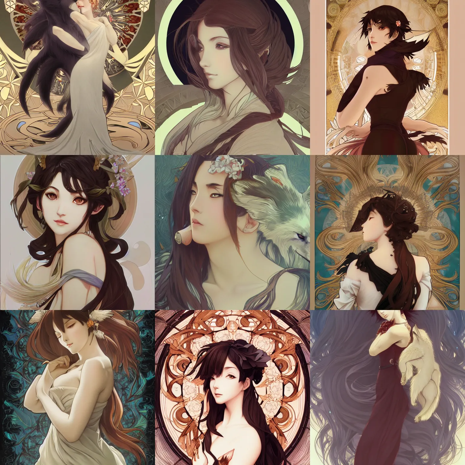 Prompt: elegant anime woman and wolf hybrid, as seen on artgerm, octane render, in the style of alphonse mucha, ultra realistic, highly detailed, 8 k